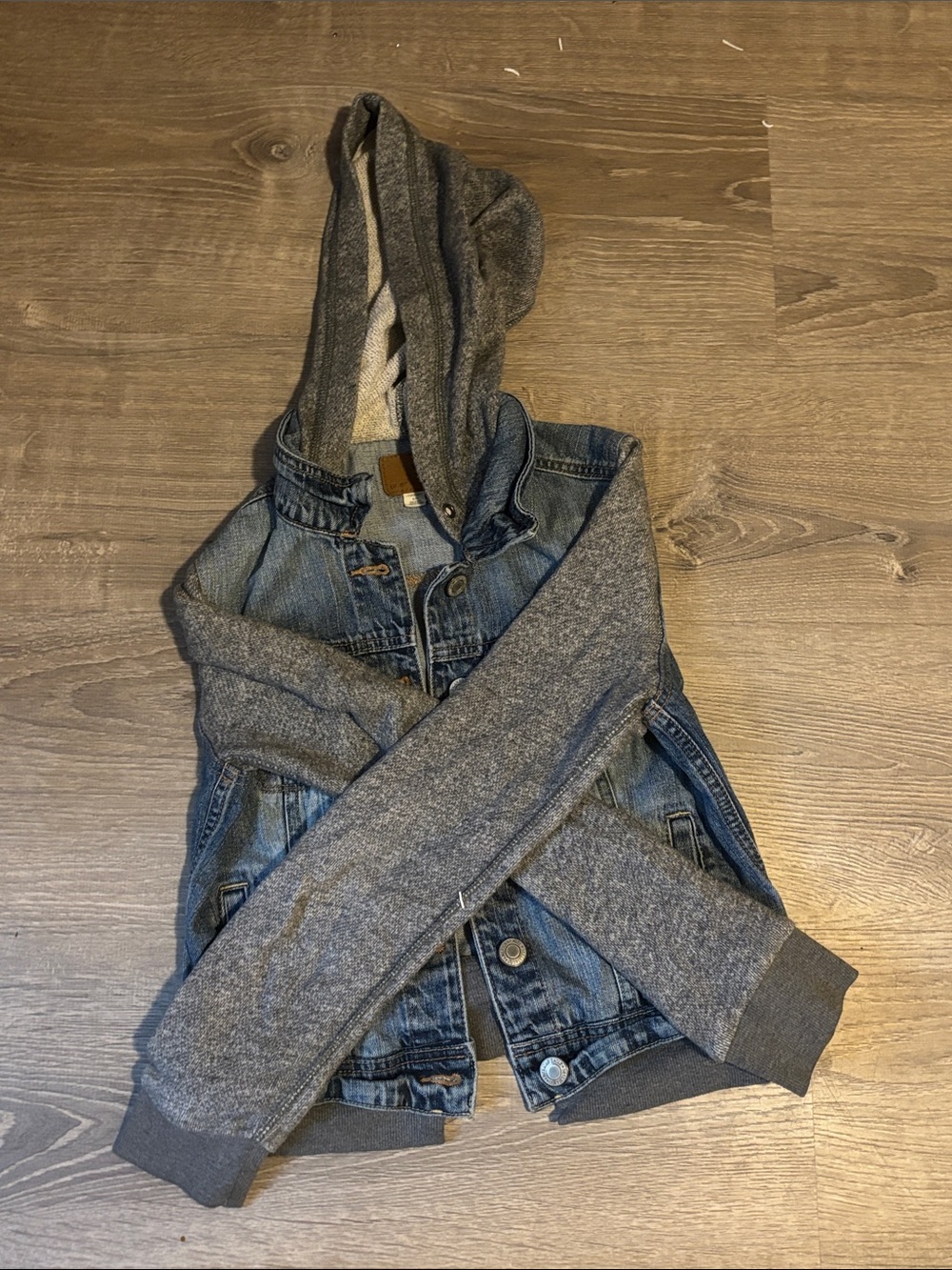 American Eagle Outfitters Blue Denim Jacket with Gray Hoodie and Sleeves